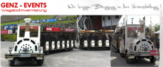 Wege – Besucherbahn weiss – gold 56 Personen Shuttlebahn – Tschu Tschu Bahn – Wegebahn – Bimmelbahn – Messebahn – Besucherbahn – Minizug – Kindereisenbahn mieten