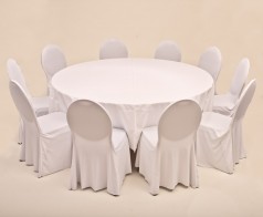 Set Bankett 1x Tisch rund 150cm inkl. Tuch weiß, 8x Stuhl mit Husse optimal weiß