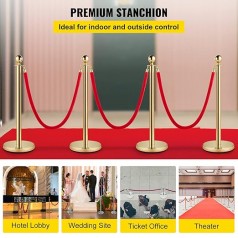 Absperrpfosten VIP Empfang Edelstahl 4 Stück mit rotem Seil 1,5 m Personenleitsystem Wegführung Abgr