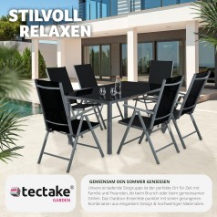 Essgruppe Aluminium Klappstühle Esstisch Messemöbel Lounge Set mit 6 x Stühlen und 1 x Glastisch Set