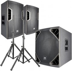 PA Soundsystem DJ-Box Set – Aktive PA-Anlage Komplettset 2.1 Set 2600 W mit Lautsprecher-Stativen Ka