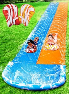 Wasserrutsche ca. 10 m Heavy Duty Rasen Wasserrutschen Doppel mit Sprinkler für Kinder + Erwachsene
