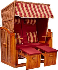 Strandkorb rot Strandschönheit Ostsee 2-Sitzer Vollholzfront beige burgund kariert Strand Balkon Ter