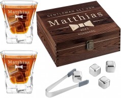 Whiskysteine Set in Holzbox 8 Eiswürfel widerverwendbar Edelstahlzange 2 Whiskygläser Samtbeutel