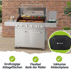 BBQ Gasgrill – 6 Brenner und 1 Seitenbrenner – XXL Edelstahl Gas Grill mit Gusseisen Grillrost, Koch