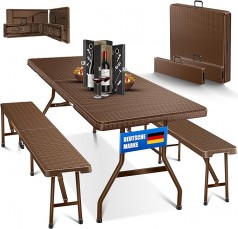 Bierzeltgarnitur Rattan Messegarnitur 3 tlg. Tisch + 2 x Bank für Indoor/Outdoor klappbar Tragegriff