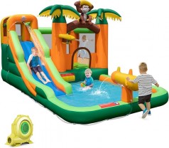 Wasserpark Hüpfburg mit Wasserrutsche tropischer 7-in-1 Wasserpark mit langer Rutsche Planschbecken