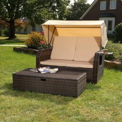 Sonnenbett Strandkorb Lounge aus Polyrattan braun inkl. klappbaren Seitentisch + verstellbarer Rücke