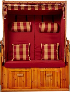 Strandkorb rot Strandschönheit Ostsee 2-Sitzer Vollholzfront beige burgund kariert Strand Balkon Ter