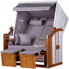 Strandkorb grau Strandstuhl Ostsee Volllieger 2-Sitzer PE Geflecht Weiß Bezug Uni grau inkl. 4 Kisse