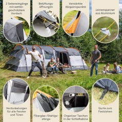 Tunnelzelt Familienzelt Hauszelt 28 qm für 12 Personen Großzelt mit 2 Schlafkabinen mit eingenähtem