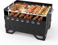 Schaschlinkgrill mobiler Mangal Holzkohlegrill BBQ mit Plancha-Grillplatte und 7 Spießen 2-in-1