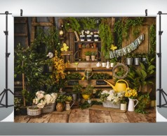 Frühlingsgarten Fotohintergrund C 270 x 180 cm Ostern Retro Rustikal Holz Grünpflanzen Hintergrund f