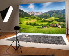 Naturlandschaft Hintergrund Foto 3 x 2 m Vinyl Foto Berg Gras Haus blauer Himmel Fotografie Fotoshoo