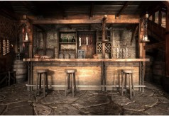 Tavernenbar Hintergrund 3 x 2 m mittelalterlich rustikales Saloon-Interieur Holzhocker Steinboden