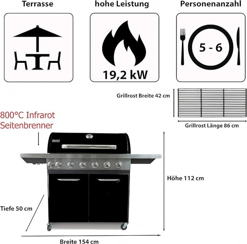 Gasgrill Grillwagen mit Deckel 820 x 420 mm mit Infrarotseitenbrenner + Warmhalterost – 3