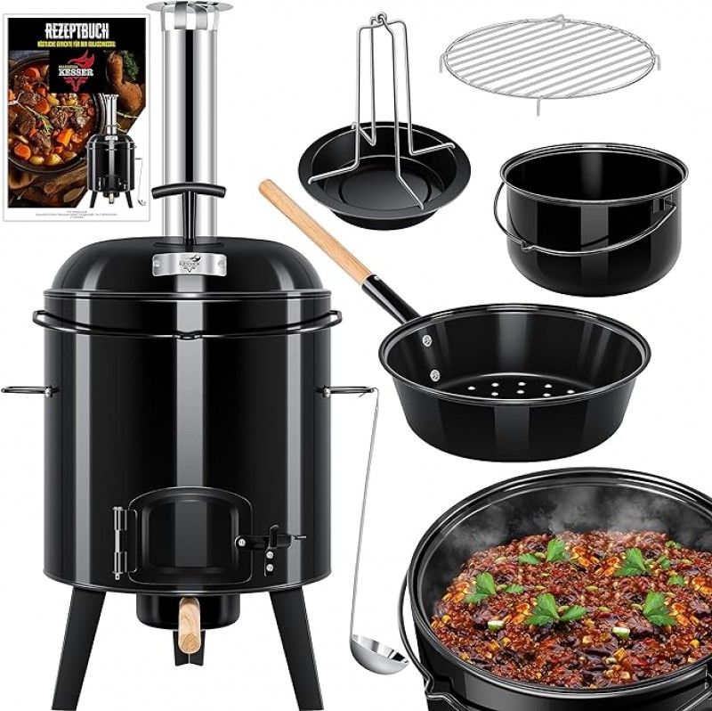 GULASCHKANONE Gulaschkessel Eintopfofen mit Grillfunktion + Hähnchenbräter – kochen rösten grillen – 3