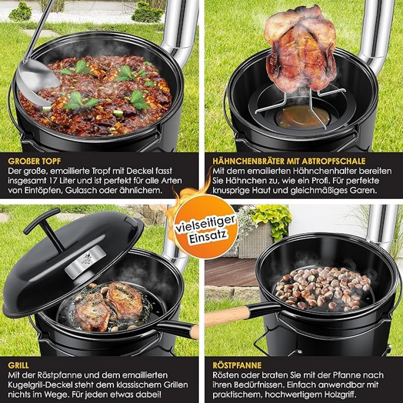 GULASCHKANONE Gulaschkessel Eintopfofen mit Grillfunktion + Hähnchenbräter – kochen rösten grillen – 2