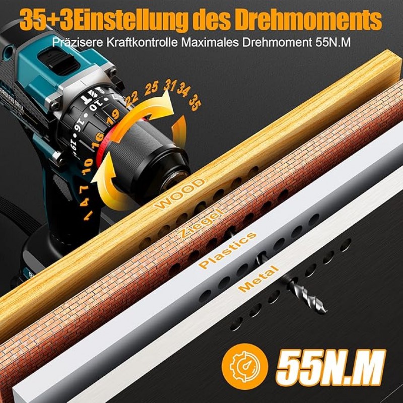 Akkuschrauber Set Akku-Bohrmaschine mit 2 x 2500 mAh Akku 55Nm Max Schlagbohrmaschine Drehmoment – 5