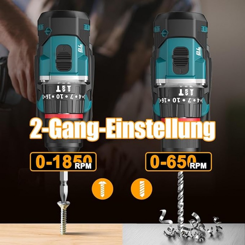 Akkuschrauber Set Akku-Bohrmaschine mit 2 x 2500 mAh Akku 55Nm Max Schlagbohrmaschine Drehmoment – Thumbnail 6