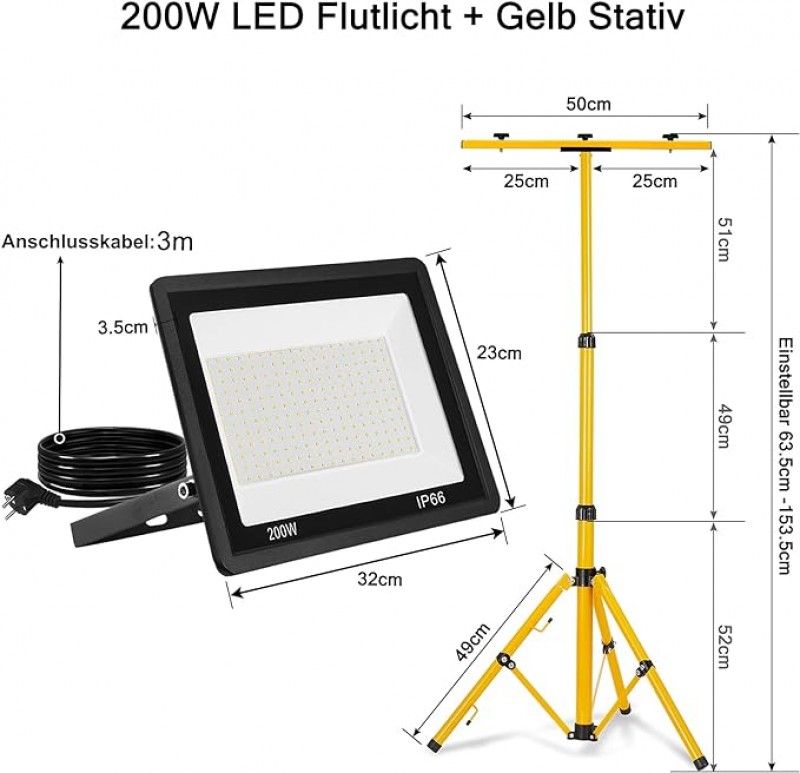 LED Baustrahler Flutlicht 2x100W warmweiß Stativ Baustellen Terrasse Garten Strahler inkl. Netzkabel – 2