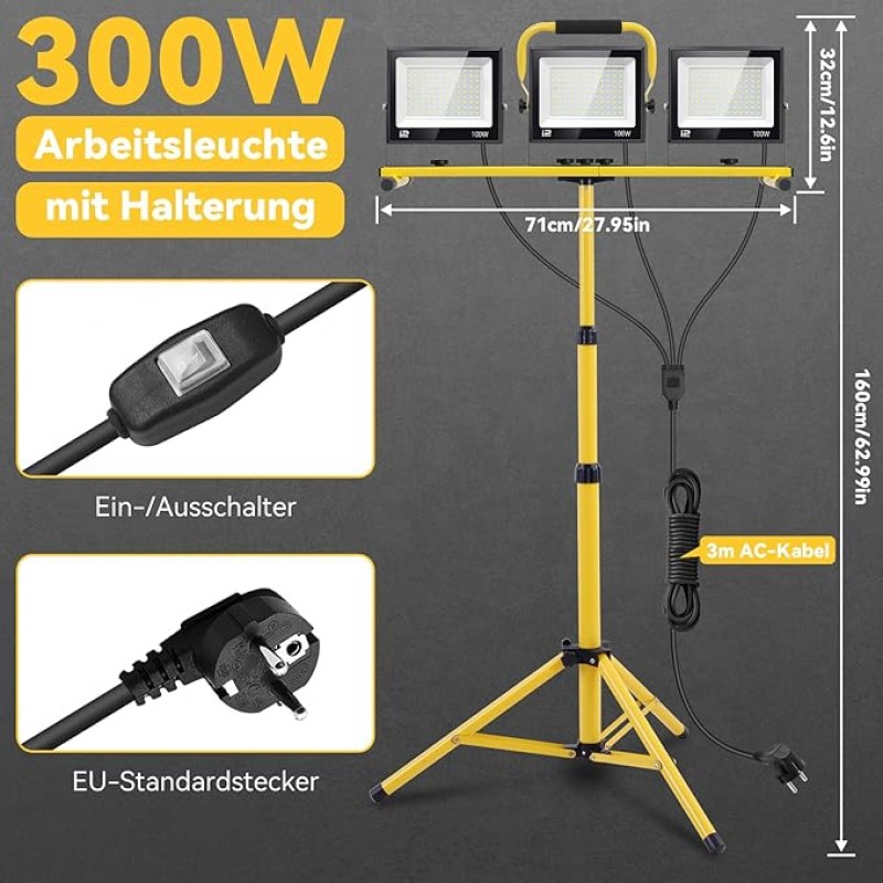 LED Baustrahler 300 W 6500 K einstellbare Richtung 230 V Kaltweiss Scheinwerfer 30000lm – 2