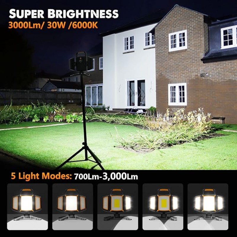 LED Strahler Akku 30 W 3000 LM super Hell Baustrahler mit Magnet 5 Lichtmodi und Powerbank drehbare – 3