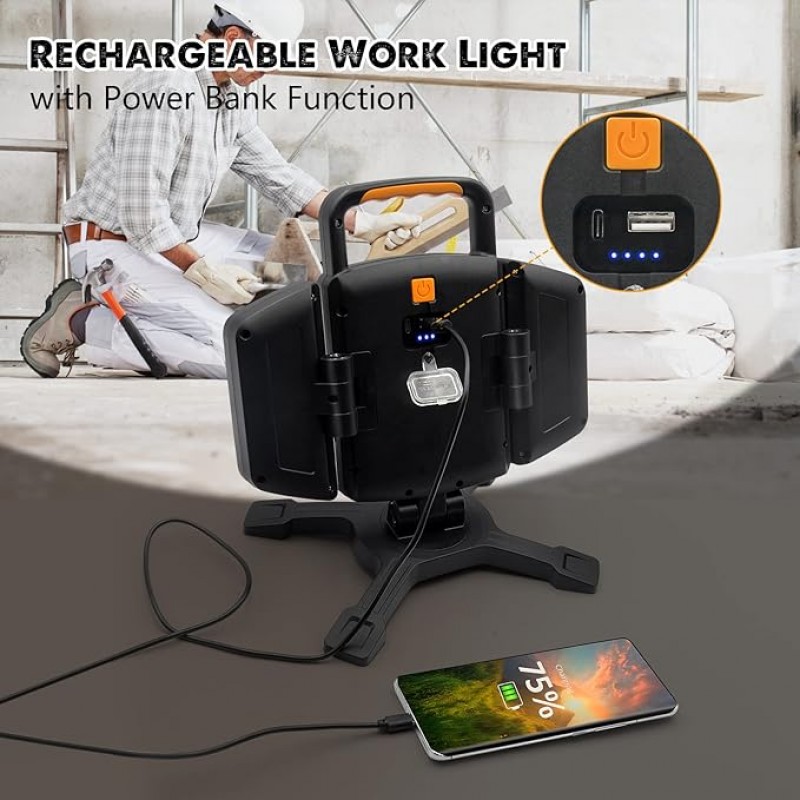 LED Strahler Akku 30 W 3000 LM super Hell Baustrahler mit Magnet 5 Lichtmodi und Powerbank drehbare – 4