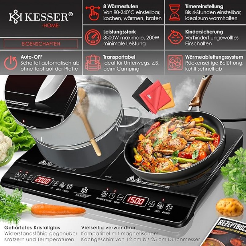 Induktionskochfeld Induktionsplatte 2 Platten 3500 Watt tragbare 57 cm Kochplatte 8 Heizstufen 4h – 2