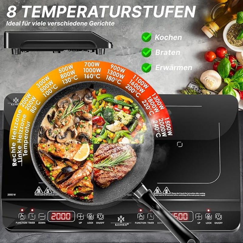 Induktionskochfeld Induktionsplatte 2 Platten 3500 Watt tragbare 57 cm Kochplatte 8 Heizstufen 4h – 3