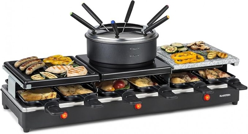 Raclettegrill &amp; Fondue Fondulette XL Crêpe-Platte 3 in 1 1650 Watt Grill Metall / Naturstein / 3 sep – 4