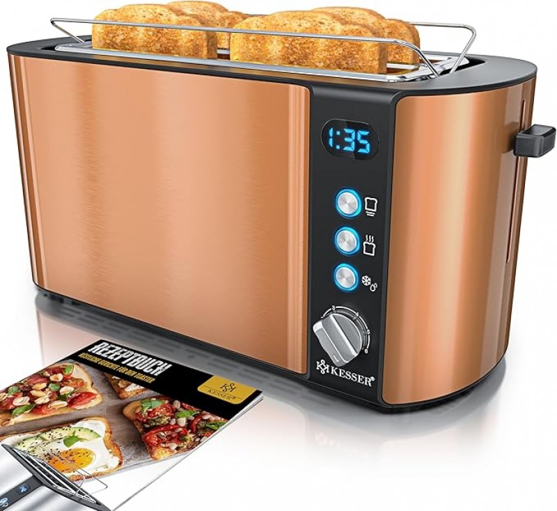Toaster 4er mit Brötchenaufsatz Automatik-Langschlitztoaster mit 6 Bräunungsstufen Auftau- &amp; Aufwärm