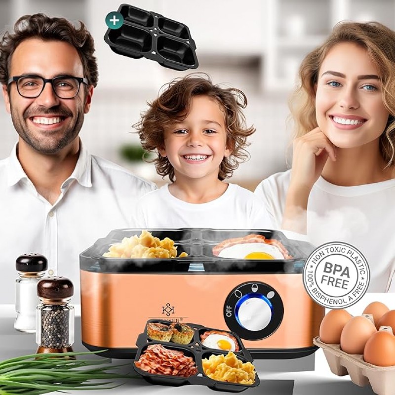 Eierkocher für 1 bis 8 Eier elektrisch Edelstahl 500 W & Warmhaltefunktion | LED-Drehschalter DREI – 2