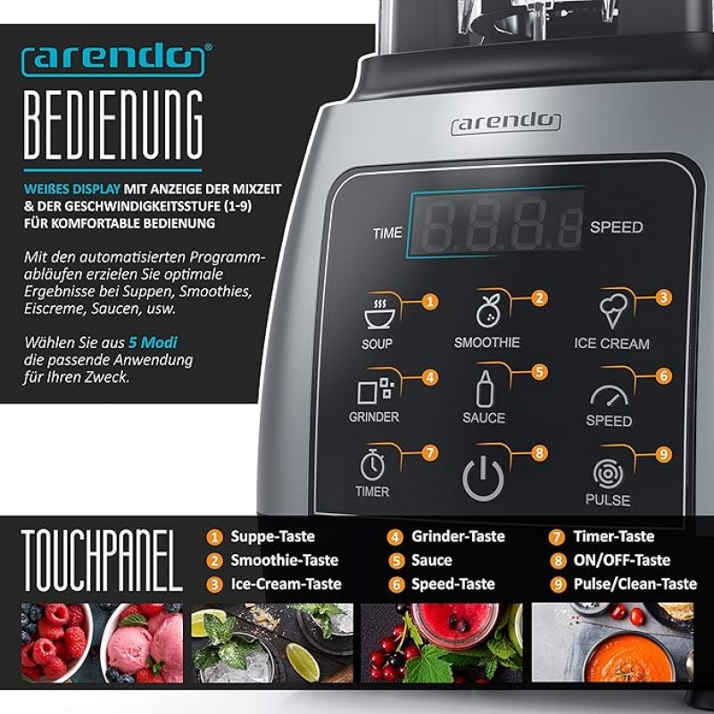 Küchenmixer Küchenmaschine 2000 Watt mit Touchpanel High Line Mixer 2 L 9 Geschwindigkeitsstufen Max – 3