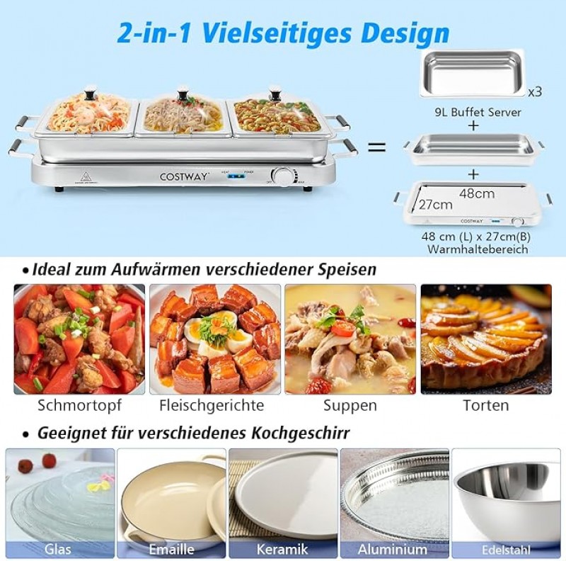 Warmhaltegerät 3 in 1 Warmhalteplatte Speisenwärmer Wärmebehälter Buffetwärmer elektrisch 9 L mit Te – 3