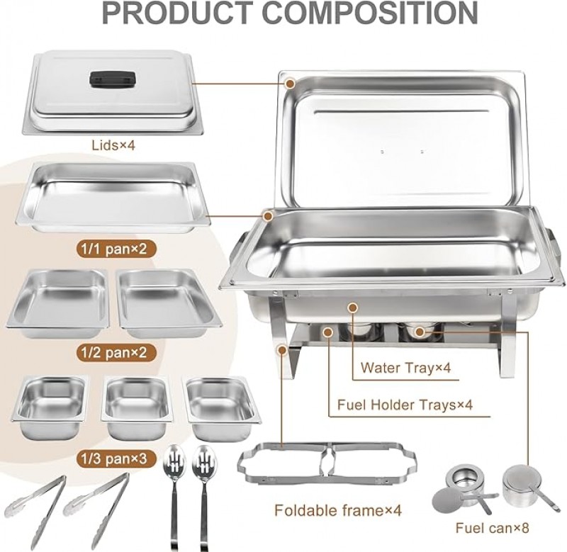 Buffetwärmer 4er Speisenwärmer 4er-Pack 9-l-Chafing-Dish-Set aus Edelstahl Buffet-Suppenwärmer mit 2 – 2