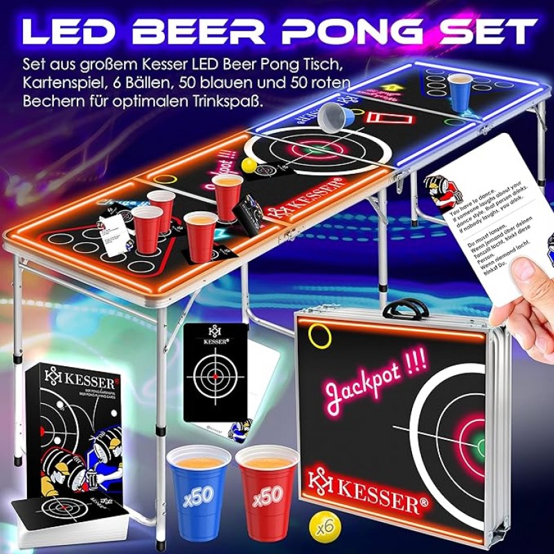 Bier Pong Beer Pong Tisch Set mit Kartenspiel Trinkspiel LED Action inkl. 100 Becher 6 Bälle + Regel – 2