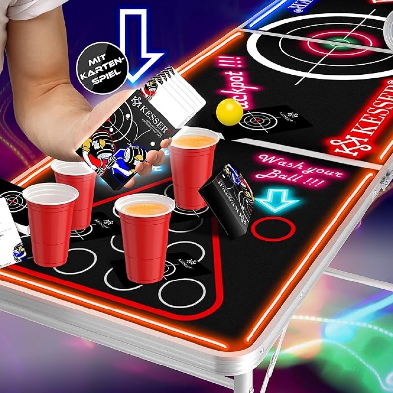 Bier Pong Beer Pong Tisch Set mit Kartenspiel Trinkspiel LED Action inkl. 100 Becher 6 Bälle + Regel – 3