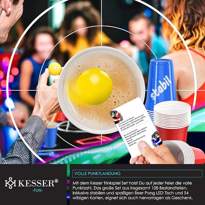 Bier Pong Beer Pong Tisch Set mit Kartenspiel Trinkspiel LED Action inkl. 100 Becher 6 Bälle + Regel – 4