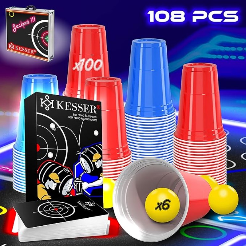 Bier Pong Beer Pong Tisch Set mit Kartenspiel Trinkspiel LED Action inkl. 100 Becher 6 Bälle + Regel – Thumbnail 6