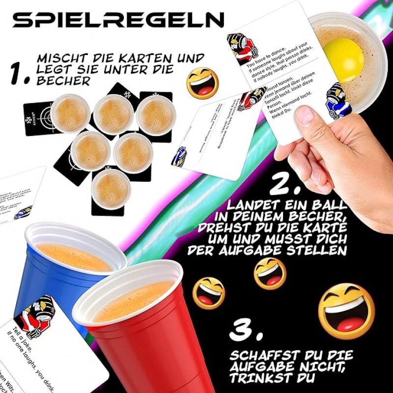 Bier Pong Beer Pong Tisch Set mit Kartenspiel Trinkspiel LED Action inkl. 100 Becher 6 Bälle + Regel – Thumbnail 7
