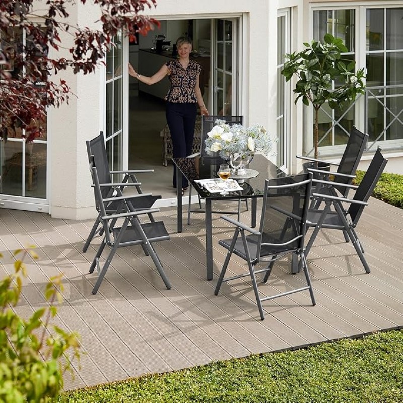 Essgruppe Aluminium Klappstühle Esstisch Messemöbel Lounge Set mit 6 x Stühlen und 1 x Glastisch Set – 3
