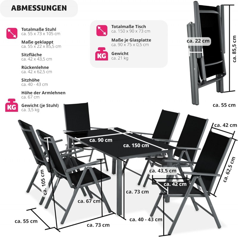 Essgruppe Aluminium Klappstühle Esstisch Messemöbel Lounge Set mit 6 x Stühlen und 1 x Glastisch Set – 5