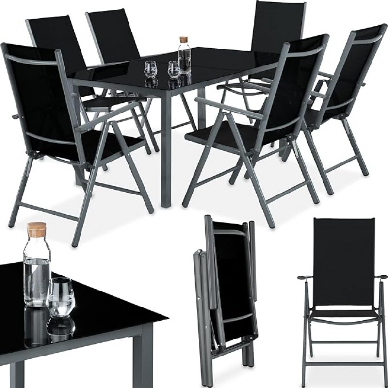 Essgruppe Aluminium Klappstühle Esstisch Messemöbel Lounge Set mit 6 x Stühlen und 1 x Glastisch Set – 2