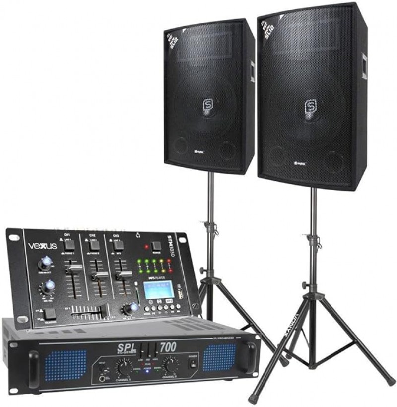 Musikanlage Mischpult DJ Lautsprecher Set Mobiles PA System Komplettset mit Verstärker Stativen und 