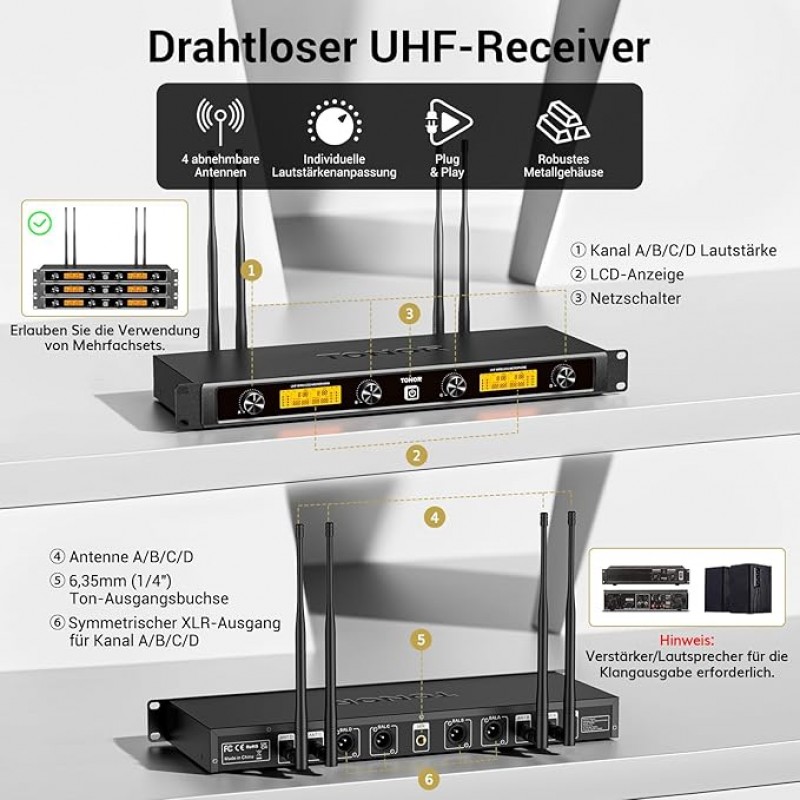 Funkmikrofon Profi 4-Kanal UHF Mikrofon Funkset mit 2 x Handmikrofon mit 2 x Bodypack Sender mit 2 x – 4