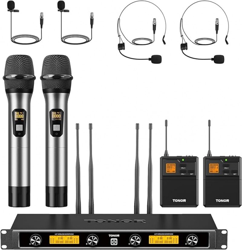 Funkmikrofon Profi 4-Kanal UHF Mikrofon Funkset mit 2 x Handmikrofon mit 2 x Bodypack Sender mit 2 x