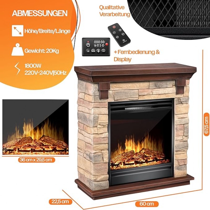 Elektrokamin mit LED 3D Flammeneffekt Heizfunktion 1.800 W Leistung Timer Thermostat Fernbedienung d – Thumbnail 7