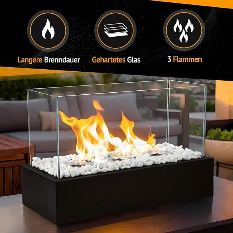 Tischkamin XXL Tischfeuer Komplettset 46 cm Dekosteine Bioethanol Kamin für Indoor &amp; Outdoor unendli