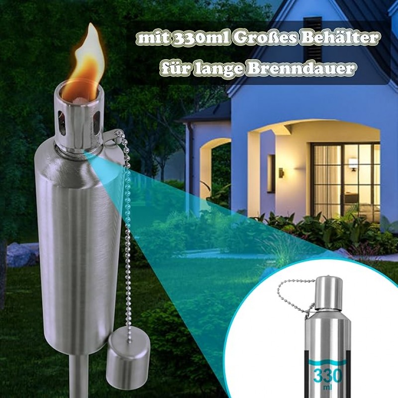 Fackeln 6er Set für draußen Edelstahl rostfrei 330 ml Ölfackeln Fackeln Hoch 115 cm lange Brenndauer – Thumbnail 6